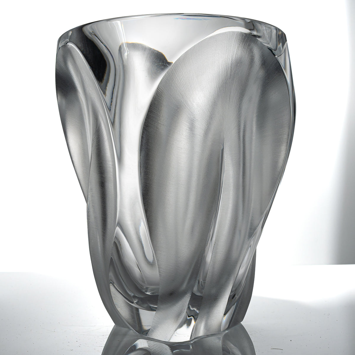 Lalique Ingrid crystal vase with frosted swirling lobes, front view