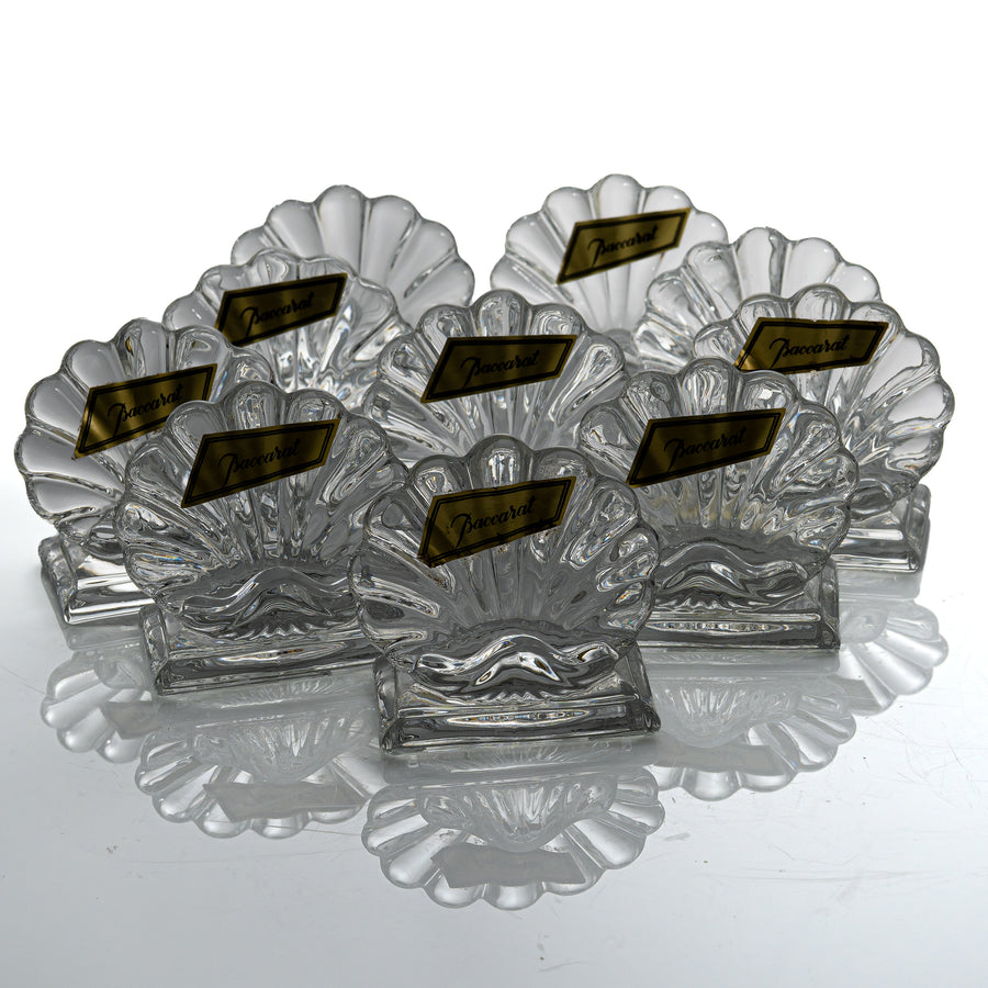 Set of ten Baccarat Bambous crystal place card holders, scallop shell shape, with gold Baccarat labels