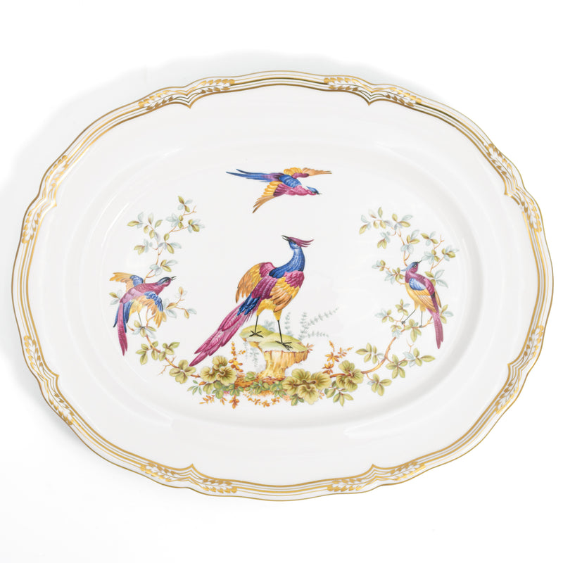 Spode Chelsea Bird oval serving platter seen from above, with gilt scalloped rim and three birds