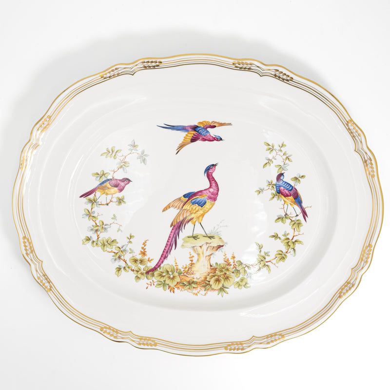 Spode Chelsea Bird oval serving platter, full view with three colorful birds and a gold scalloped rim
