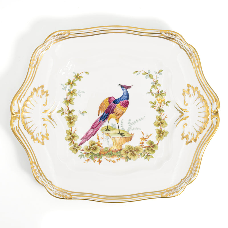 Spode Chelsea Bird handled cake plate seen from above, with gilt shell handles and a long-tailed bird