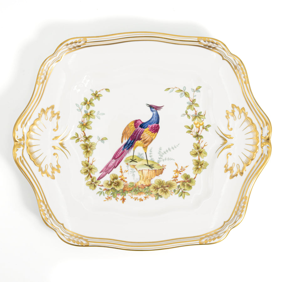 Spode Chelsea Bird handled cake plate seen from above, with gilt shell handles and a long-tailed bird