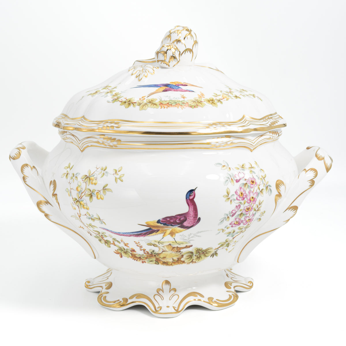 Spode Chelsea Bird large covered tureen with artichoke finial, two gilt handles and a gilt foot