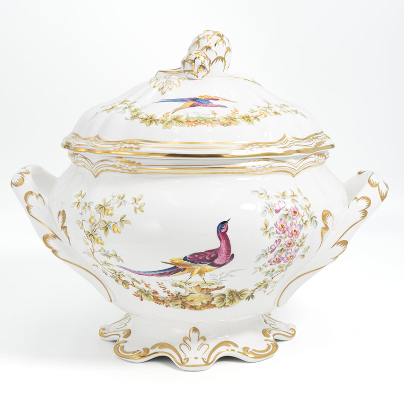 Spode Chelsea Bird large covered tureen with artichoke finial, two gilt handles and a gilt foot