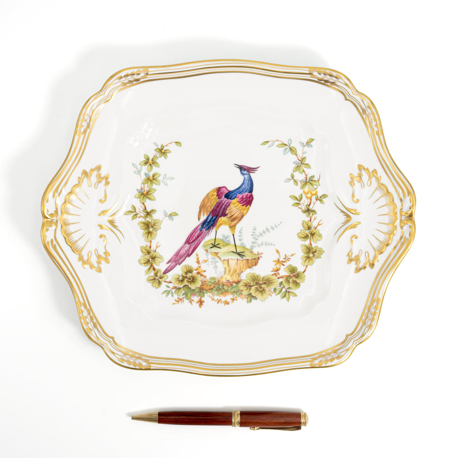 Spode Chelsea Bird handled cake plate with a pen laid below it for scale