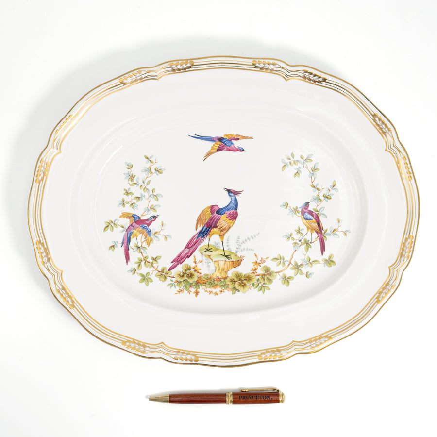 Spode Chelsea Bird oval serving platter with a pen laid below it for scale