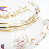 Spode Chelsea Bird large covered tureen close-up of the ladle notch in the lid and gilt rim