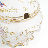 Spode Chelsea Bird large covered tureen angled view of the ladle notch, handle and gilt foot