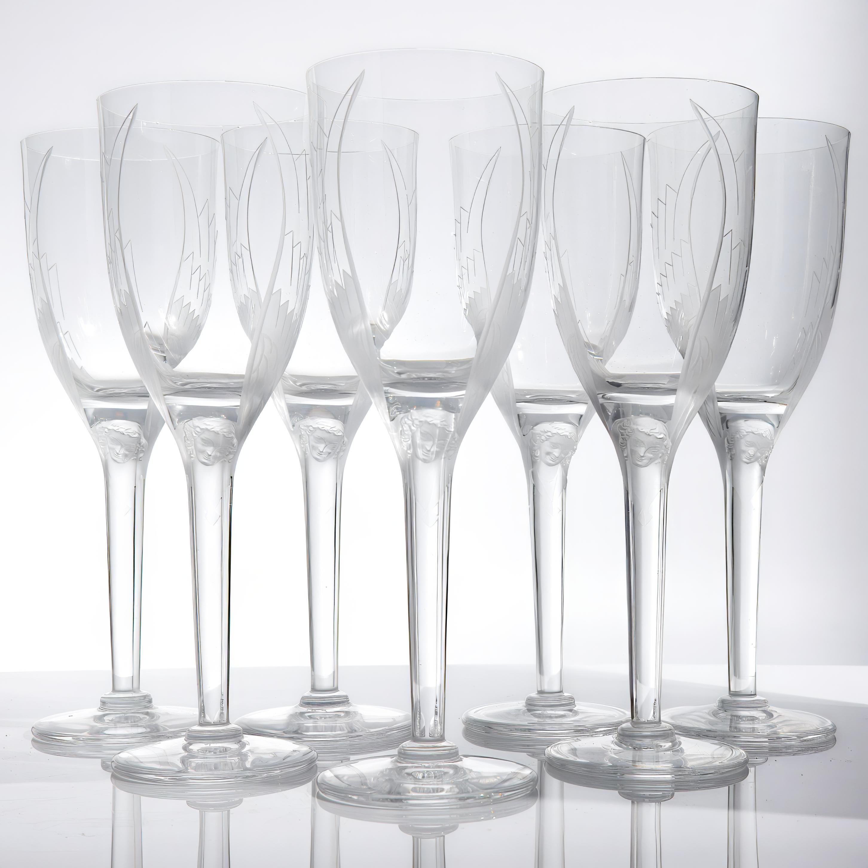 ClassyTea 1940s Lalique Ange Champagne Flute Set of 7 | 8.25"H | Smiling Angel Crystal Stemware (1948 - 2020) - ClassyTea