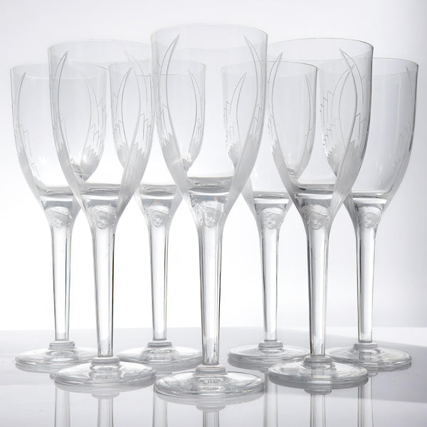 ClassyTea 1940s Lalique Ange Champagne Flute Set of 7 | 8.25"H | Smiling Angel Crystal Stemware (1948 - 2020) - ClassyTea