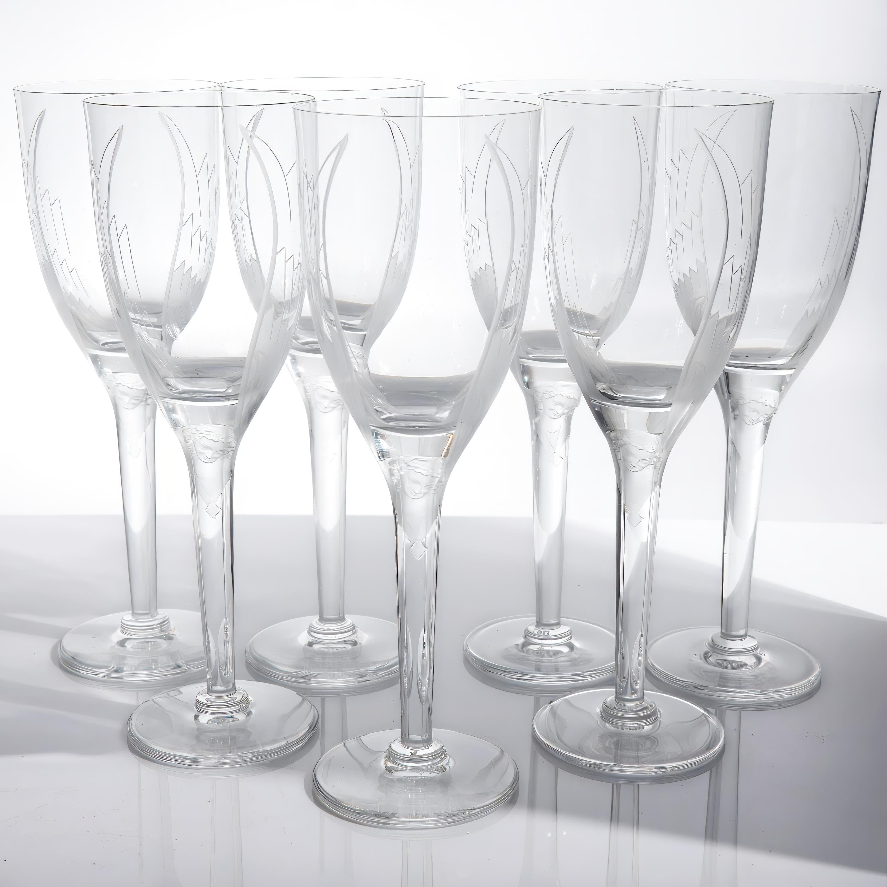 ClassyTea 1940s Lalique Ange Champagne Flute Set of 7 | 8.25"H | Smiling Angel Crystal Stemware (1948 - 2020) - ClassyTea