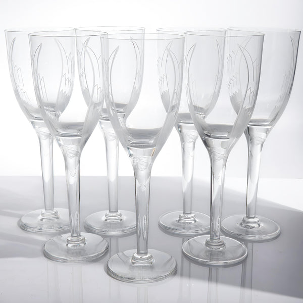 ClassyTea 1940s Lalique Ange Champagne Flute Set of 7 | 8.25"H | Smiling Angel Crystal Stemware (1948 - 2020) - ClassyTea