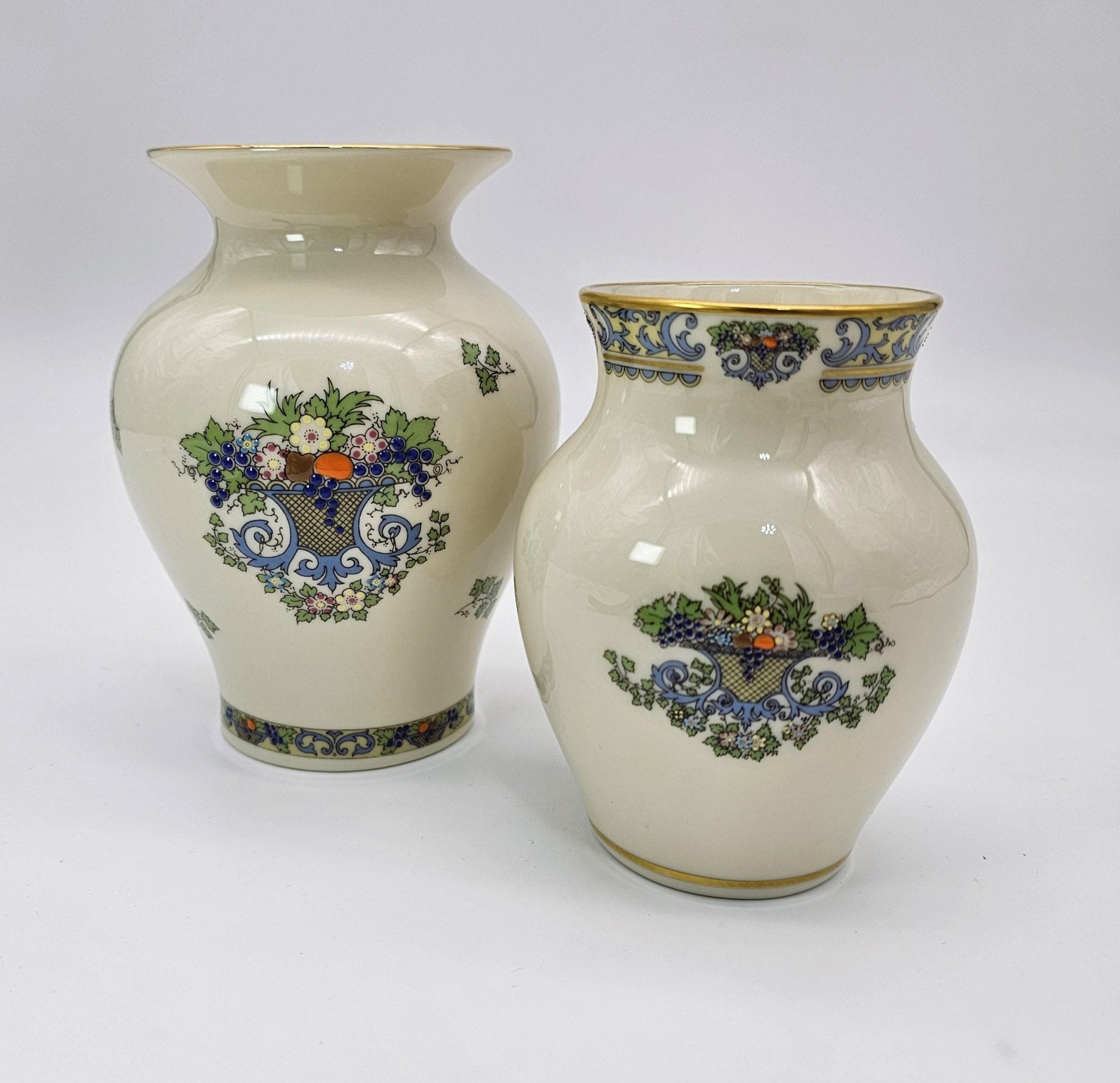 ClassyTea Lenox Autumn (Gold Back - Stamp) Presidential Collection | 4' and 5" Vase Set | Fine China | Blue Scrolls, Fruit and Gold Trim | Luxury Gift. - ClassyTea
