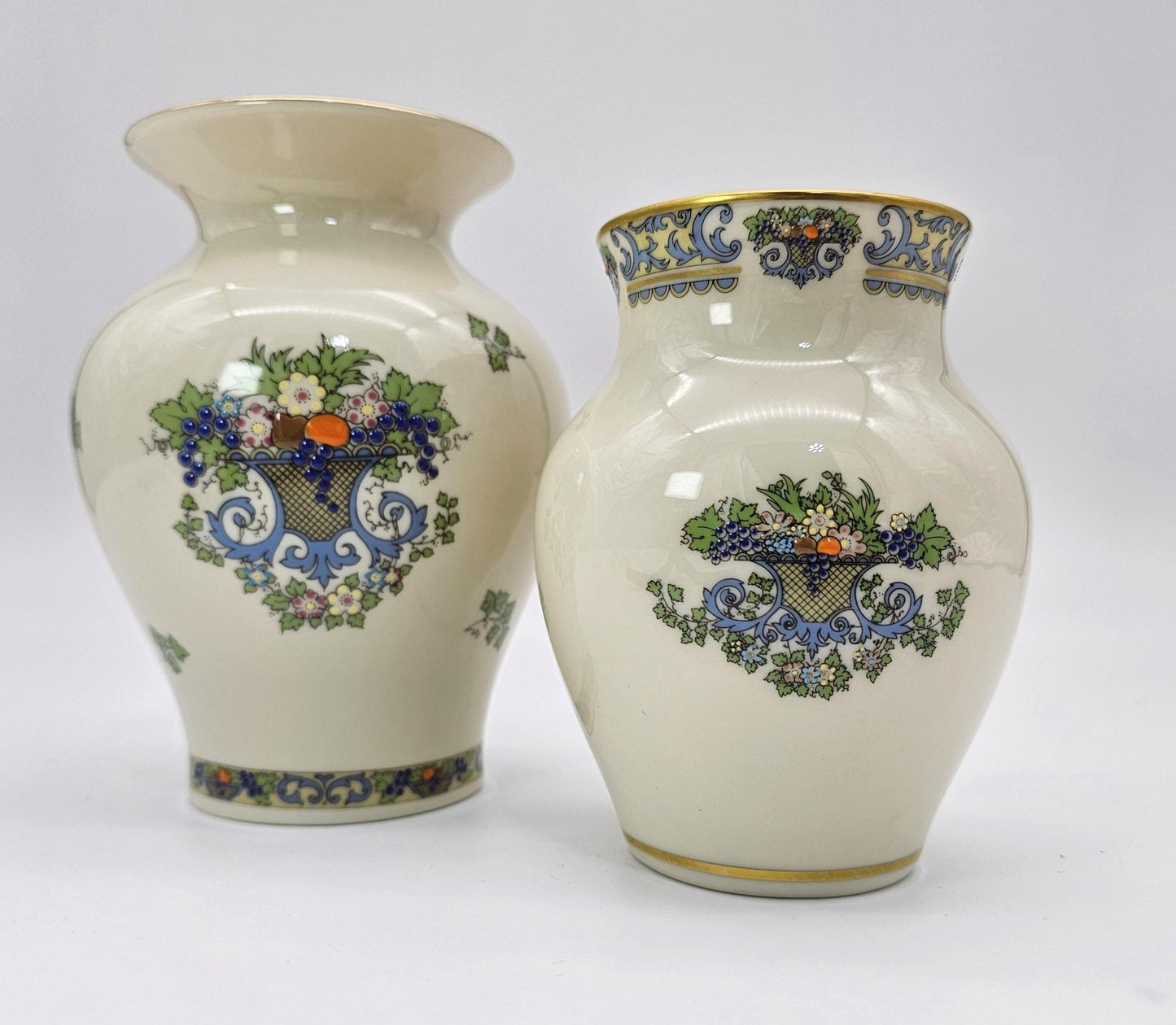 ClassyTea Lenox Autumn (Gold Back - Stamp) Presidential Collection | 4' and 5" Vase Set | Fine China | Blue Scrolls, Fruit and Gold Trim | Luxury Gift. - ClassyTea