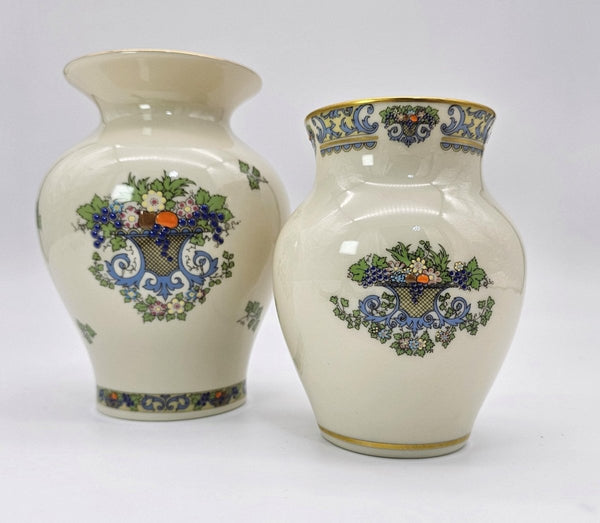 ClassyTea Lenox Autumn (Gold Back - Stamp) Presidential Collection | 4' and 5" Vase Set | Fine China | Blue Scrolls, Fruit and Gold Trim | Luxury Gift. - ClassyTea