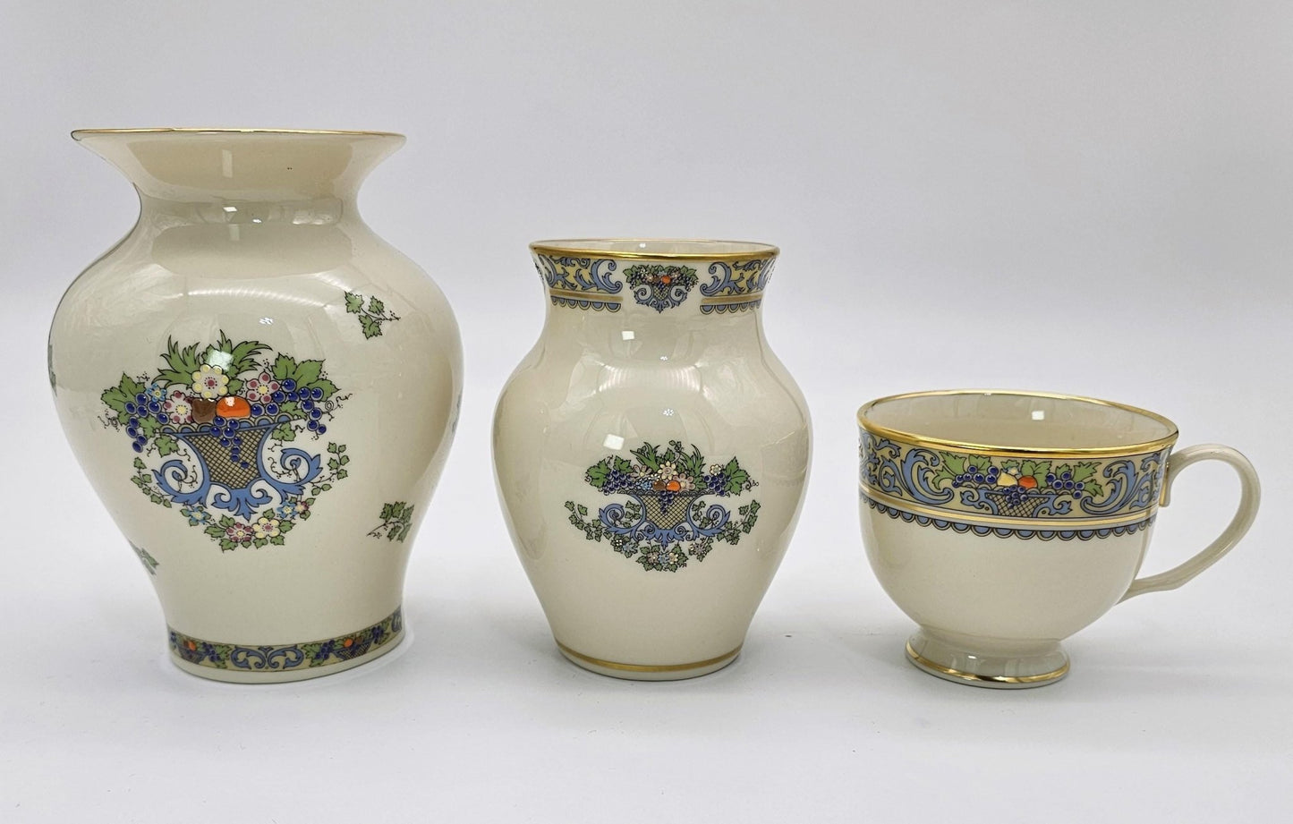ClassyTea Lenox Autumn (Gold Back - Stamp) Presidential Collection | 4' and 5" Vase Set | Fine China | Blue Scrolls, Fruit and Gold Trim | Luxury Gift. - ClassyTea