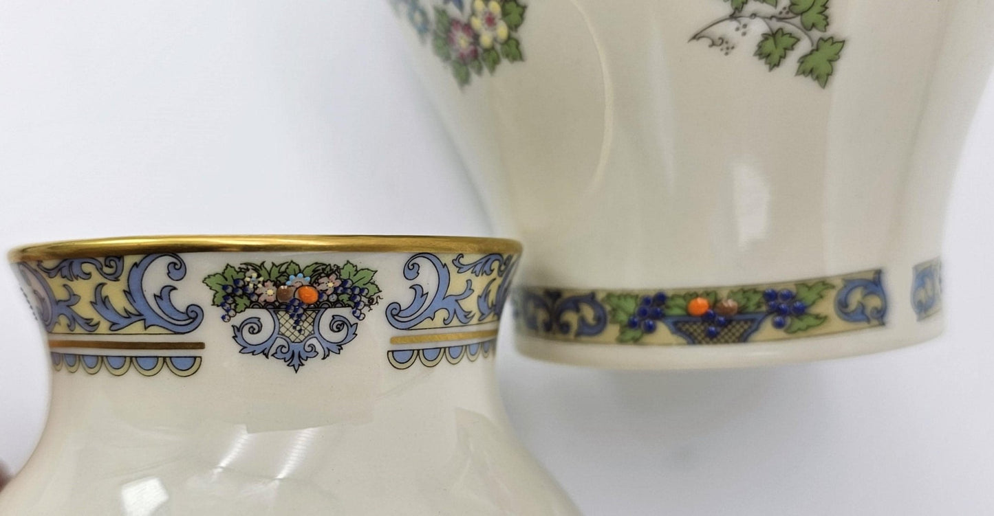 ClassyTea Lenox Autumn (Gold Back - Stamp) Presidential Collection | 4' and 5" Vase Set | Fine China | Blue Scrolls, Fruit and Gold Trim | Luxury Gift. - ClassyTea