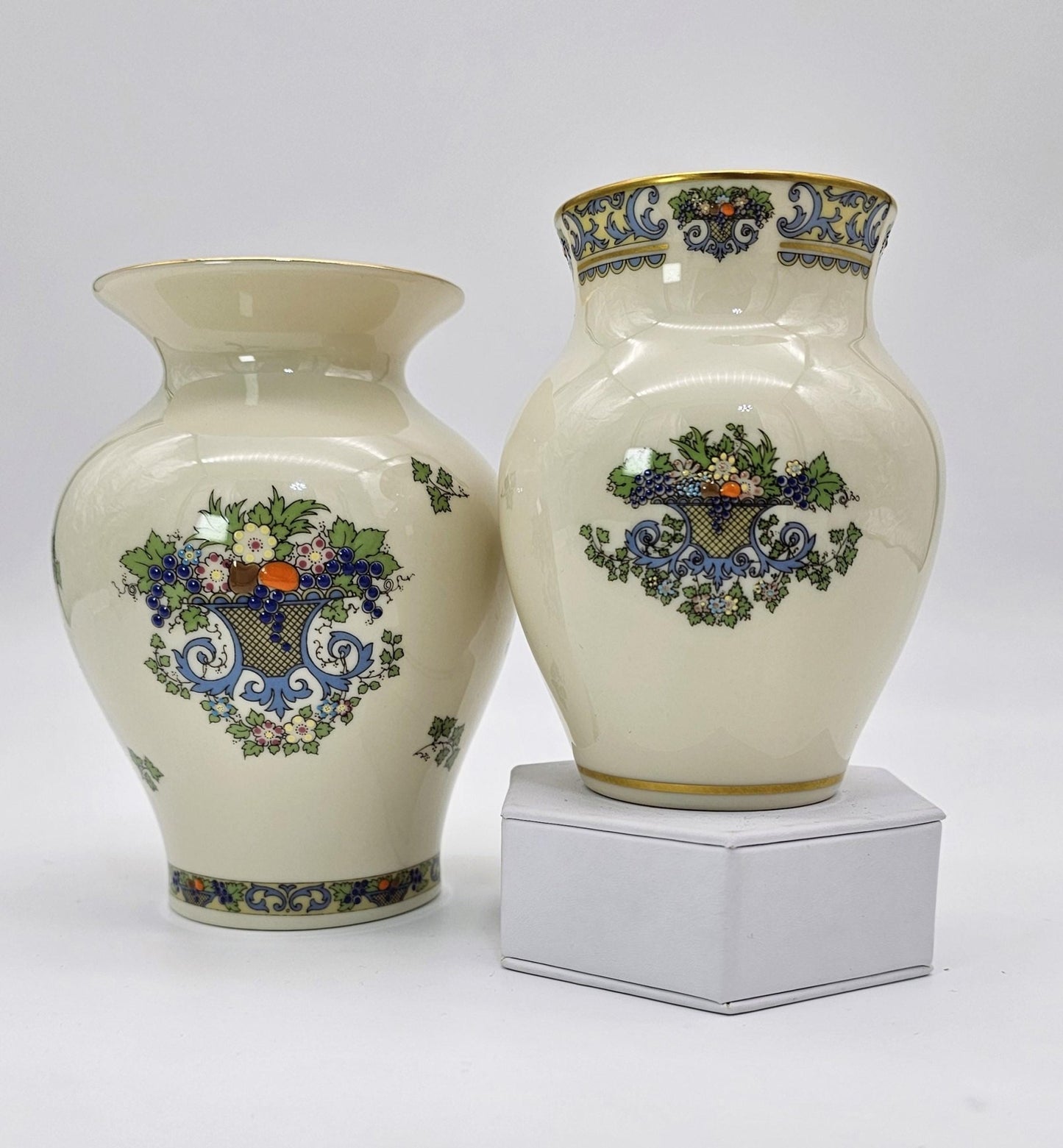 ClassyTea Lenox Autumn (Gold Back - Stamp) Presidential Collection | 4' and 5" Vase Set | Fine China | Blue Scrolls, Fruit and Gold Trim | Luxury Gift. - ClassyTea