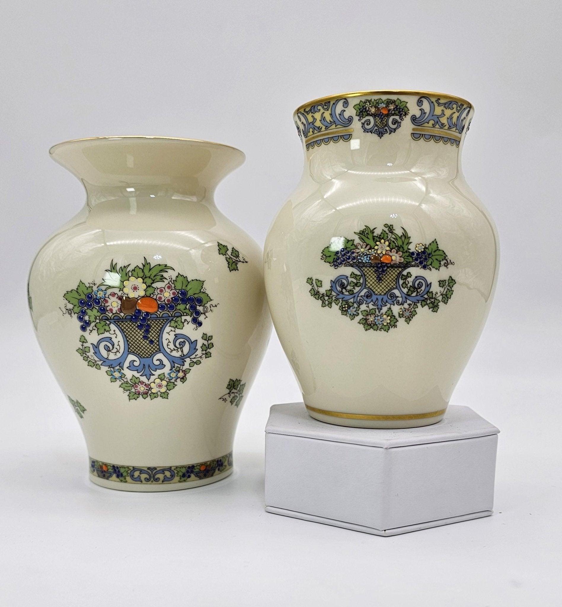 ClassyTea Lenox Autumn (Gold Back - Stamp) Presidential Collection | 4' and 5" Vase Set | Fine China | Blue Scrolls, Fruit and Gold Trim | Luxury Gift. - ClassyTea