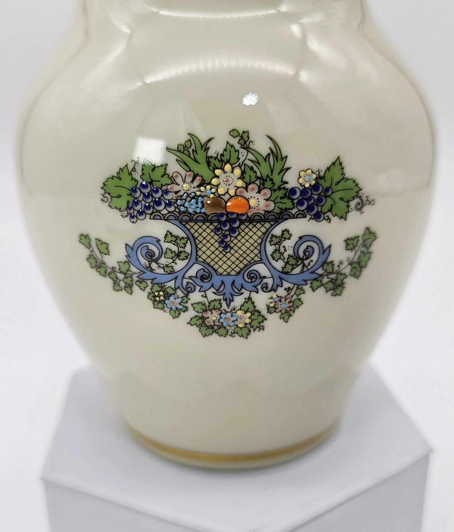 ClassyTea Lenox Autumn (Gold Back - Stamp) Presidential Collection | 4' and 5" Vase Set | Fine China | Blue Scrolls, Fruit and Gold Trim | Luxury Gift. - ClassyTea