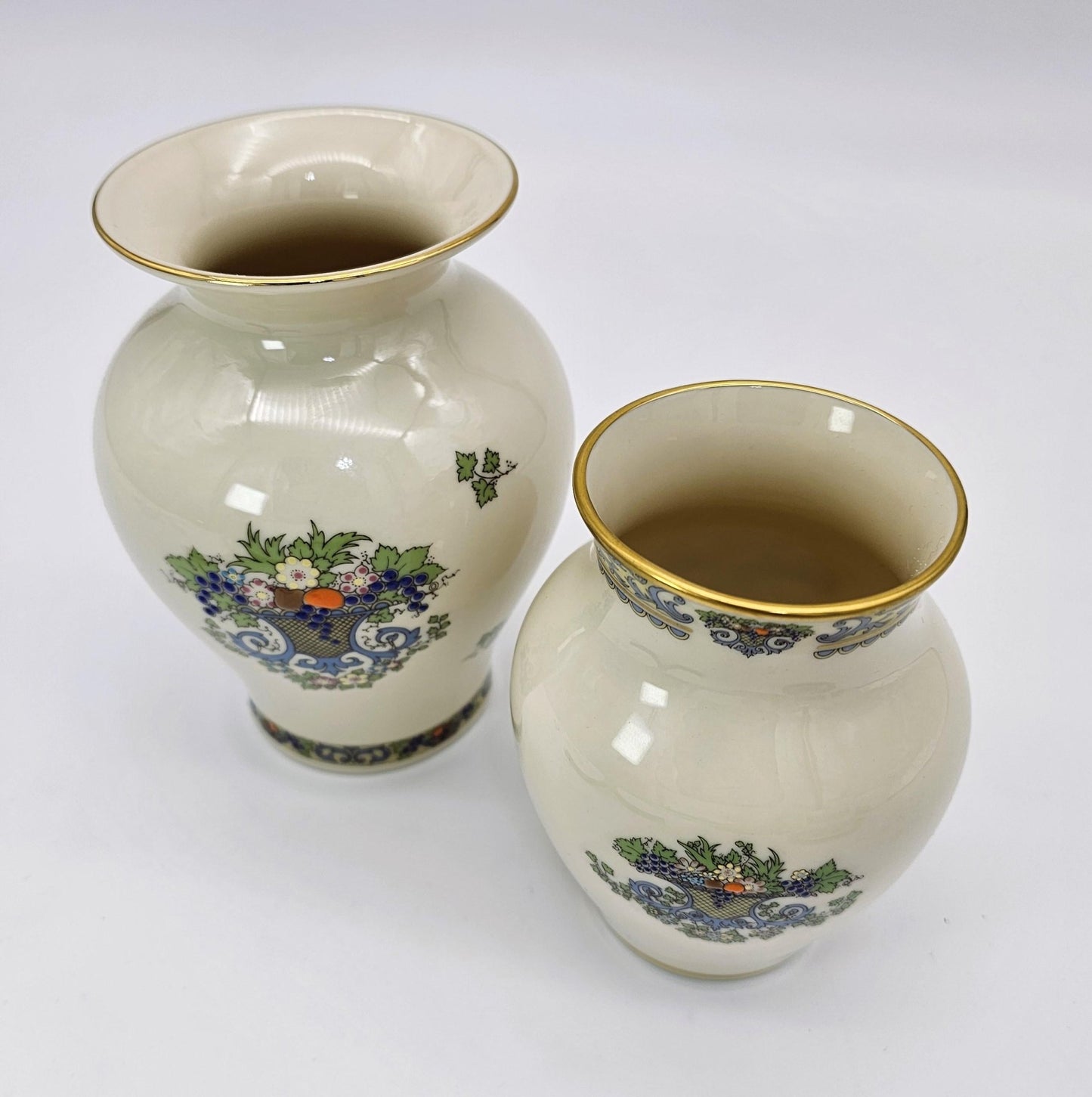 ClassyTea Lenox Autumn (Gold Back - Stamp) Presidential Collection | 4' and 5" Vase Set | Fine China | Blue Scrolls, Fruit and Gold Trim | Luxury Gift. - ClassyTea