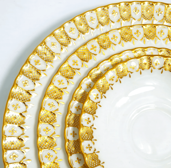 ClassyTea Royal Crown Derby Heraldic Gold 40 - Piece Dinnerware Set, Service for 8, Vintage Fine Bone China, Made in England, Discontinued - ClassyTea