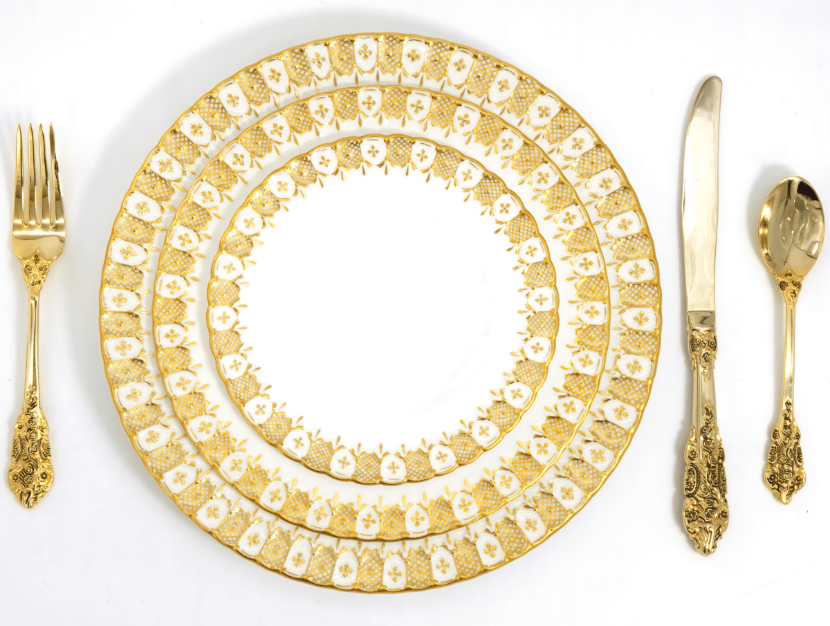 ClassyTea Royal Crown Derby Heraldic Gold 40 - Piece Dinnerware Set, Service for 8, Vintage Fine Bone China, Made in England, Discontinued - ClassyTea