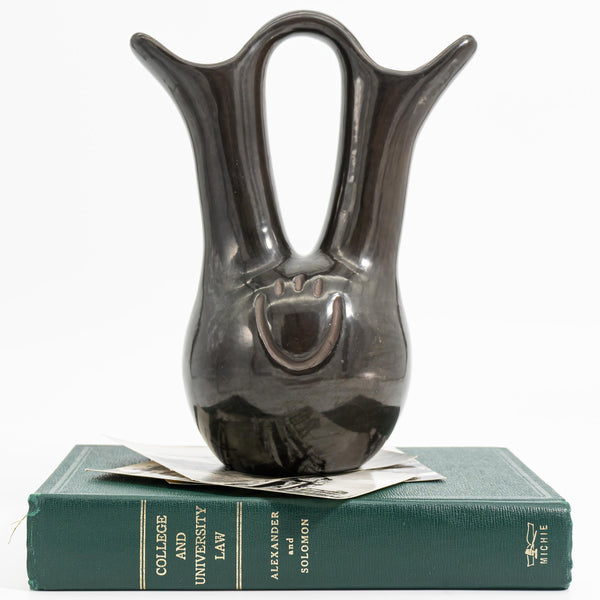 ClassyTea Signed Santa Clara Blackware Wedding Vase (Nicolasa Naranjo) - Deep - Carved Bear Paw Design (10" x 7.5") - ClassyTea