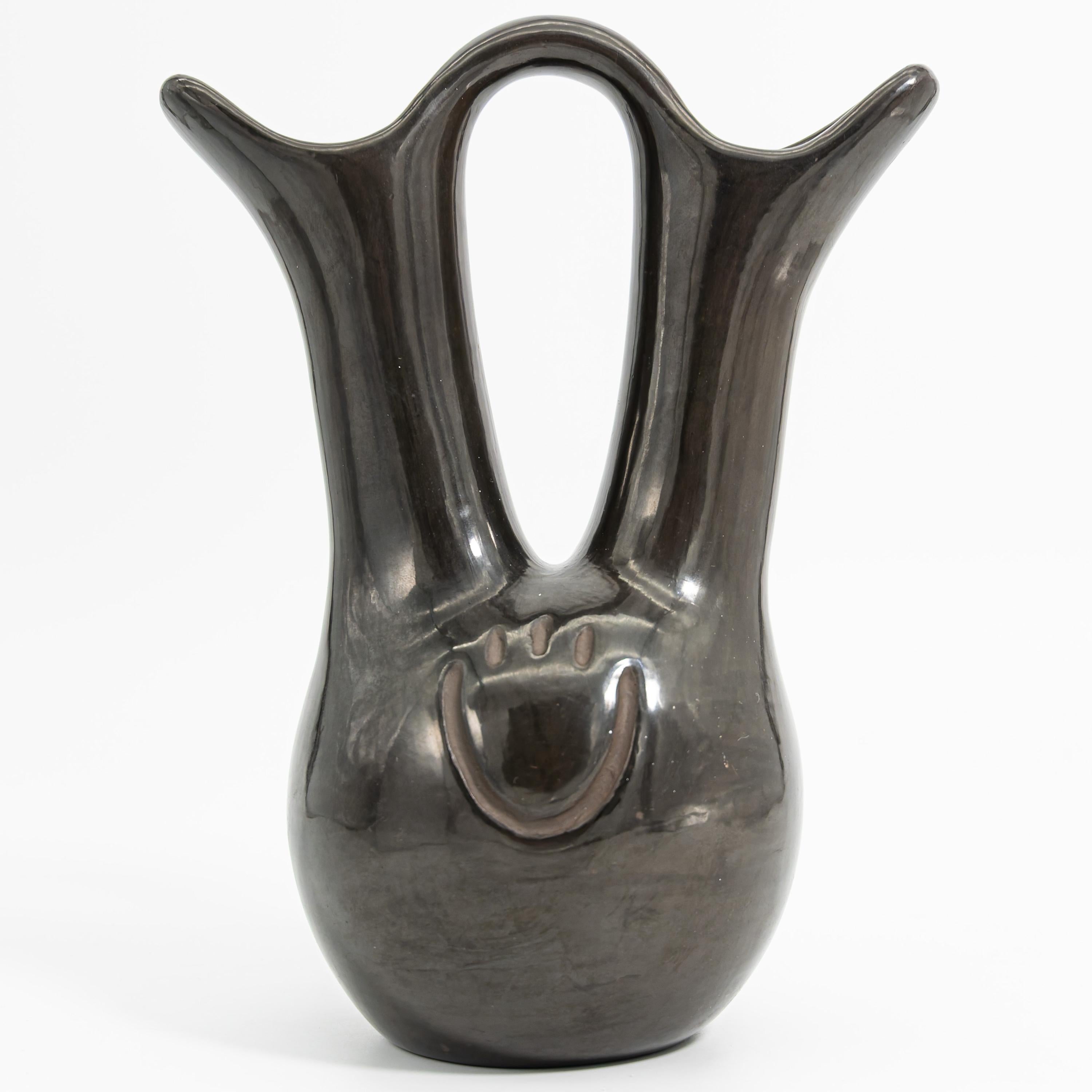 ClassyTea Signed Santa Clara Blackware Wedding Vase (Nicolasa Naranjo) - Deep - Carved Bear Paw Design (10" x 7.5") - ClassyTea