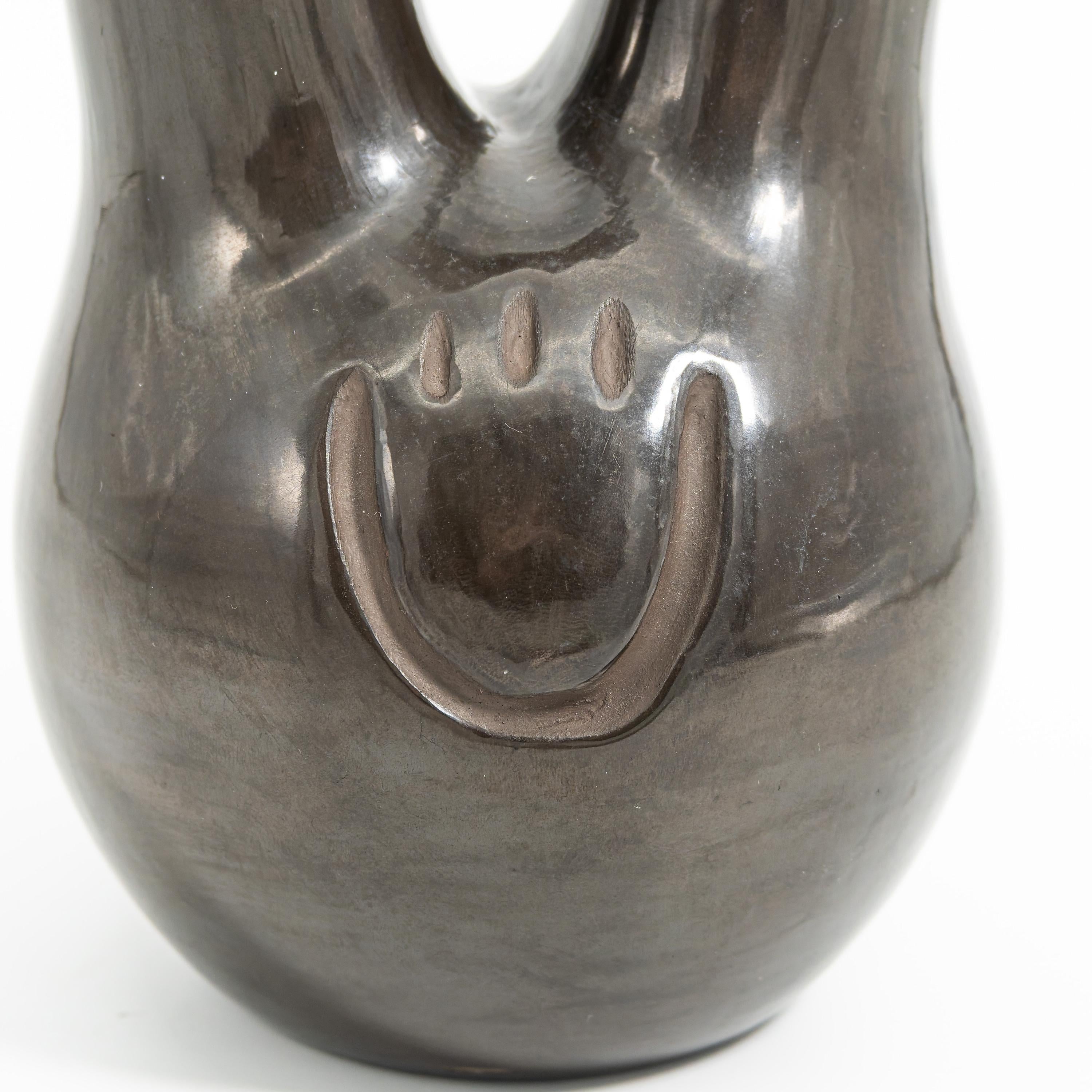 ClassyTea Signed Santa Clara Blackware Wedding Vase (Nicolasa Naranjo) - Deep - Carved Bear Paw Design (10" x 7.5") - ClassyTea