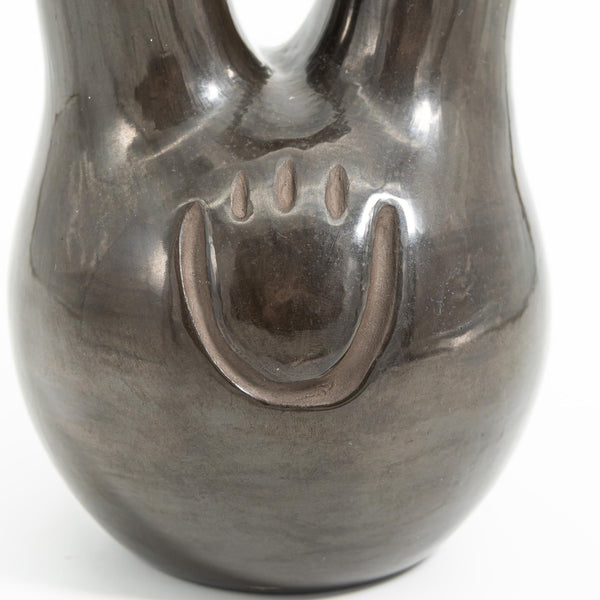 ClassyTea Signed Santa Clara Blackware Wedding Vase (Nicolasa Naranjo) - Deep - Carved Bear Paw Design (10" x 7.5") - ClassyTea