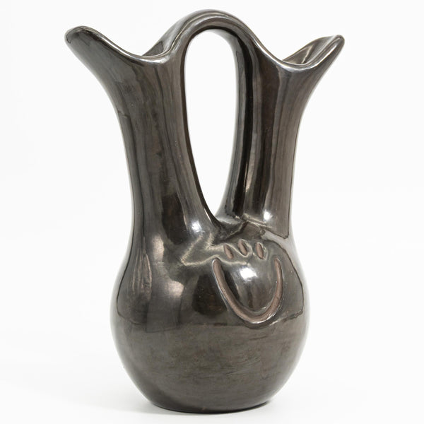 ClassyTea Signed Santa Clara Blackware Wedding Vase (Nicolasa Naranjo) - Deep - Carved Bear Paw Design (10" x 7.5") - ClassyTea