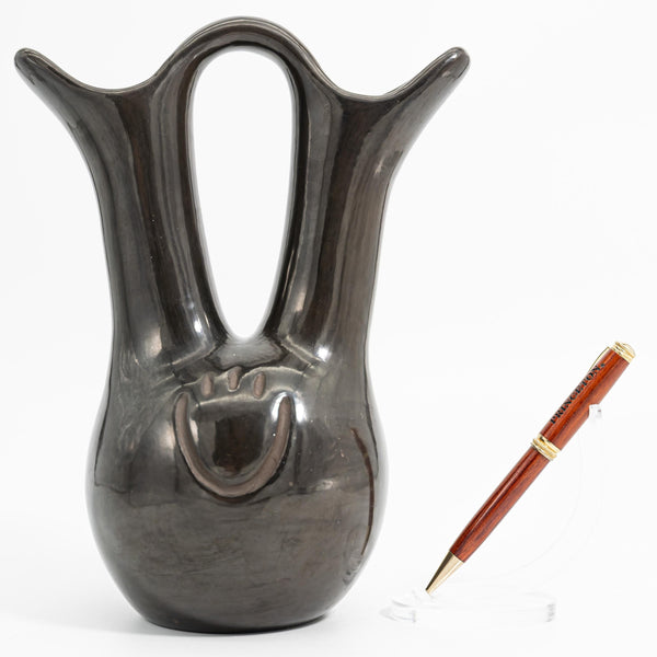 ClassyTea Signed Santa Clara Blackware Wedding Vase (Nicolasa Naranjo) - Deep - Carved Bear Paw Design (10" x 7.5") - ClassyTea