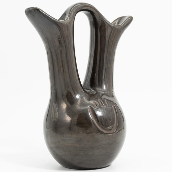 ClassyTea Signed Santa Clara Blackware Wedding Vase (Nicolasa Naranjo) - Deep - Carved Bear Paw Design (10" x 7.5") - ClassyTea