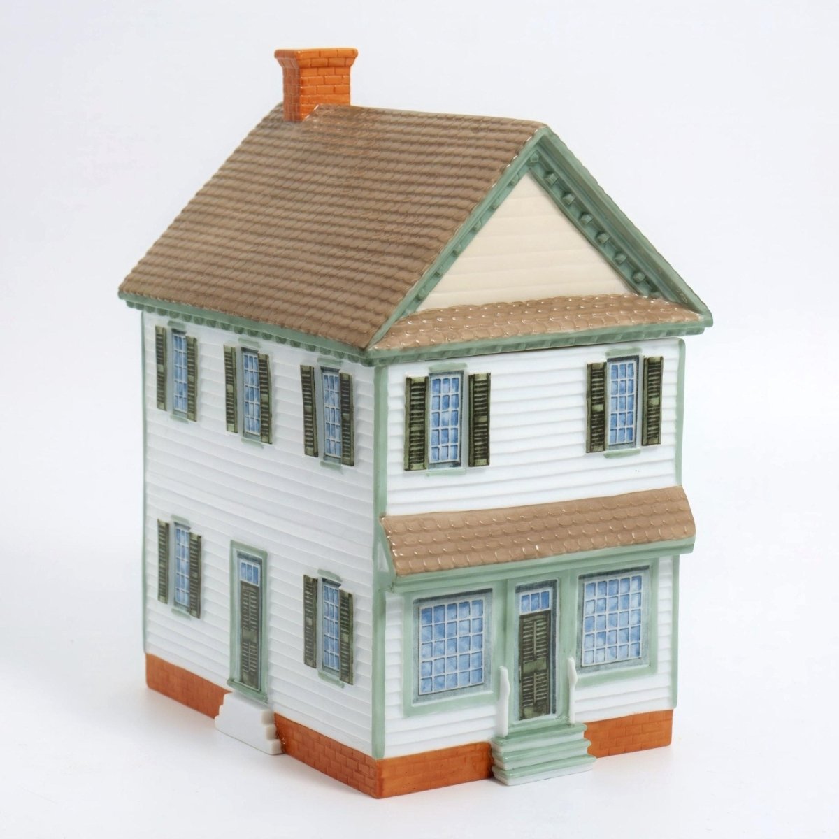 Colonial Williamsburg Tiny House Vintage Cookie Jar | Colonial Williamsburg Waters Storehouse Farmhouse Cottagecore Kitchen Storage Porcelain Green Brown White - Porcelain Cookie Jar ClassyTea