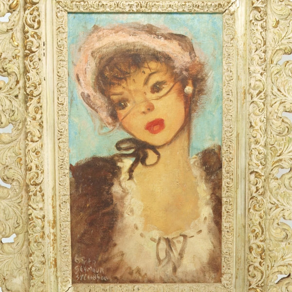 Esther Stevenson 1960s Signed Oil Painting of Parisian Woman by Esther Stevenson Pink Bow Soft Blue Impressionist Pop Art for Feminine Home Decor Original - Signed Oil Painting ClassyTea