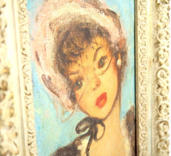 Esther Stevenson 1960s Signed Oil Painting of Parisian Woman by Esther Stevenson Pink Bow Soft Blue Impressionist Pop Art for Feminine Home Decor Original - Signed Oil Painting ClassyTea