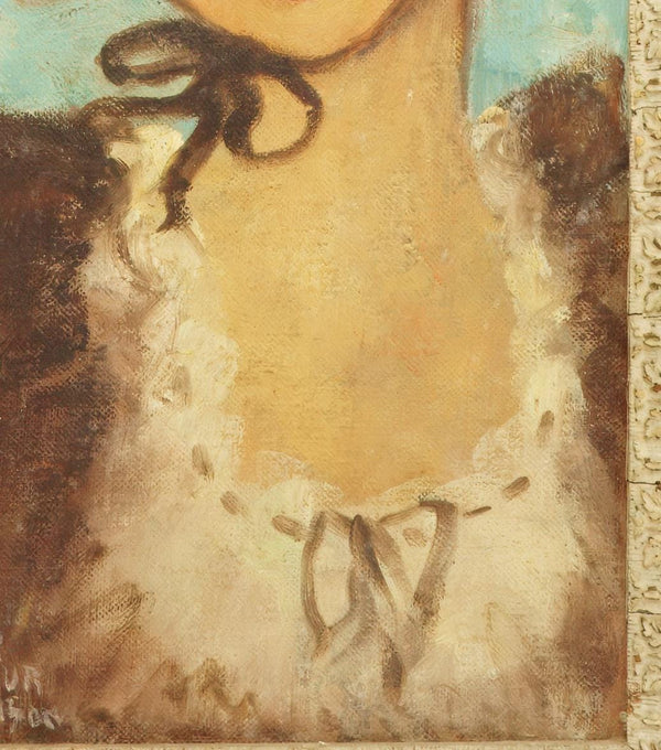 Esther Stevenson 1960s Signed Oil Painting of Parisian Woman by Esther Stevenson Pink Bow Soft Blue Impressionist Pop Art for Feminine Home Decor Original - Signed Oil Painting ClassyTea