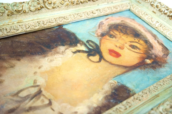 Esther Stevenson 1960s Signed Oil Painting of Parisian Woman by Esther Stevenson Pink Bow Soft Blue Impressionist Pop Art for Feminine Home Decor Original - Signed Oil Painting ClassyTea