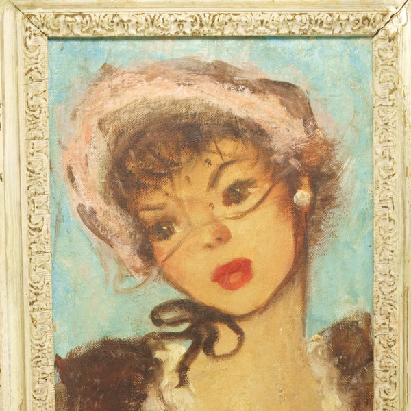 Esther Stevenson 1960s Signed Oil Painting of Parisian Woman by Esther Stevenson Pink Bow Soft Blue Impressionist Pop Art for Feminine Home Decor Original - Signed Oil Painting ClassyTea