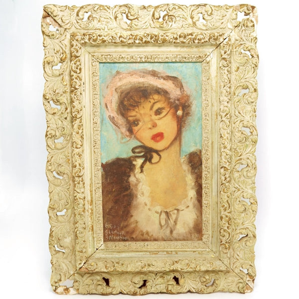 Esther Stevenson 1960s Signed Oil Painting of Parisian Woman by Esther Stevenson Pink Bow Soft Blue Impressionist Pop Art for Feminine Home Decor Original - Signed Oil Painting ClassyTea
