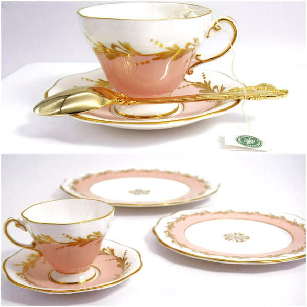 Foley Vintage Baby Pink and Gold China Set for 8 - Foley Bone English Bone 22kt Gilded Dinnerware Set Scalloped Plates Teacups Saucers Coquette - China Set ClassyTea