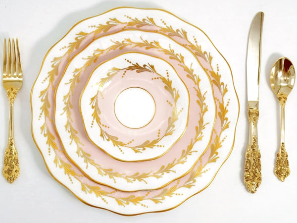 Foley Vintage Baby Pink and Gold China Set for 8 - Foley Bone English Bone 22kt Gilded Dinnerware Set Scalloped Plates Teacups Saucers Coquette - China Set ClassyTea