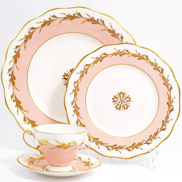 Foley Vintage Baby Pink and Gold China Set for 8 - Foley Bone English Bone 22kt Gilded Dinnerware Set Scalloped Plates Teacups Saucers Coquette - China Set ClassyTea