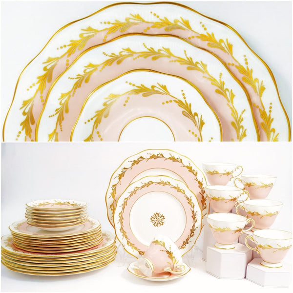 Foley Vintage Baby Pink and Gold China Set for 8 - Foley Bone English Bone 22kt Gilded Dinnerware Set Scalloped Plates Teacups Saucers Coquette - China Set ClassyTea