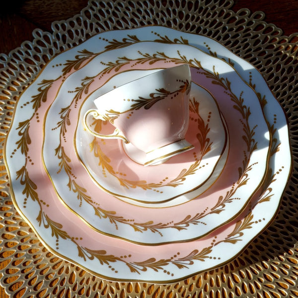 Foley Vintage Baby Pink and Gold China Set for 8 - Foley Bone English Bone 22kt Gilded Dinnerware Set Scalloped Plates Teacups Saucers Coquette - China Set ClassyTea