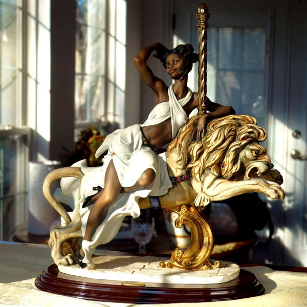 Giuseppe Armani Large Giuseppe Armani Porcelain Statue | Armani Black Orchid Art Nouveau Decor Black Art Deco Italian Art Sculpture Black Woman on Lion - Porcelain Sculpture ClassyTea