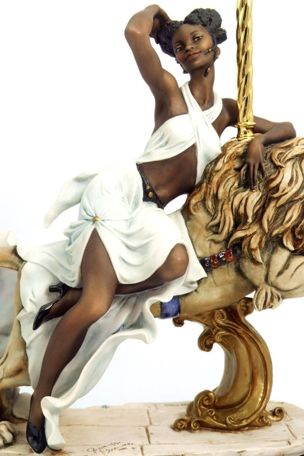 Giuseppe Armani Large Giuseppe Armani Porcelain Statue | Armani Black Orchid Art Nouveau Decor Black Art Deco Italian Art Sculpture Black Woman on Lion - Porcelain Sculpture ClassyTea