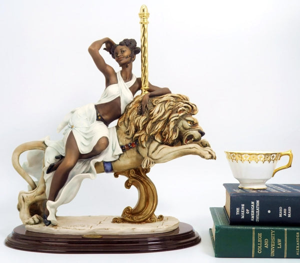 Giuseppe Armani Large Giuseppe Armani Porcelain Statue | Armani Black Orchid Art Nouveau Decor Black Art Deco Italian Art Sculpture Black Woman on Lion - Porcelain Sculpture ClassyTea