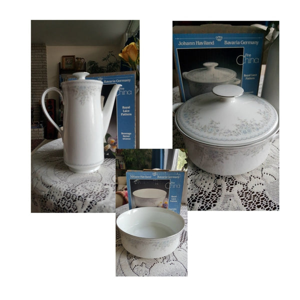 Haviland China Set for 8 Johann Haviland Royal Lace Dinnerware Set 55 Piece Bavaria Germany White blue Lavender Floral Platinum Trim Wedding - China Set ClassyTea